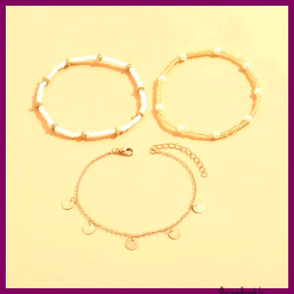 Gold Plated Adjustable Anklet Set, Shell Bead Boh… - image 6